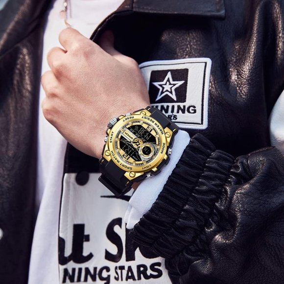 KXAITO Men's Black and Golden LED Alarm Stopwatch Waterproof Military Watch - Picture 4 of 6